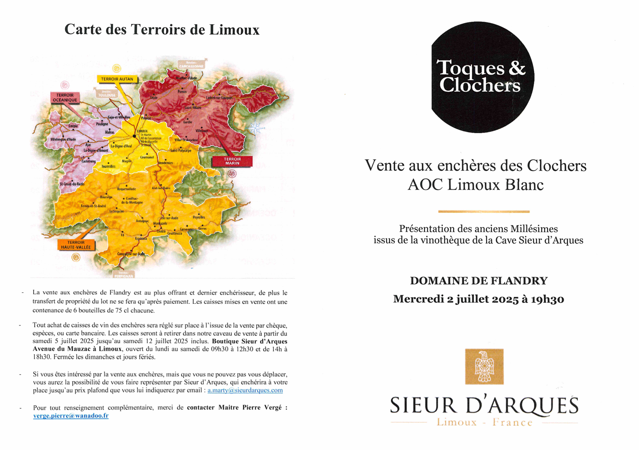 Vente aux enchères toques et clochers Sieur d’Arques Limoux